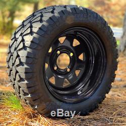 12 BLACK STEEL WINDOW WHEELS & 20x10-12 STINGER ALL TERRAIN TIRES SET OF 4