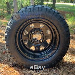 12 BLACK STEEL WINDOW WHEELS & 20x10-12 STINGER ALL TERRAIN TIRES SET OF 4