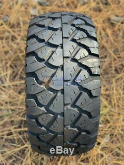 12 BLACK STEEL WINDOW WHEELS & 20x10-12 STINGER ALL TERRAIN TIRES SET OF 4