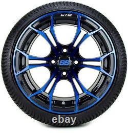 14 GTW Spyder Blue and Black Golf Cart Wheels and Tires (205-30-14) Set of 4