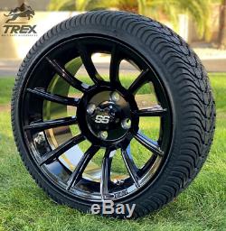 14 Titan Gloss Black Aluminum Golf Cart Wheels & 205/30-14 Low Profile Tires