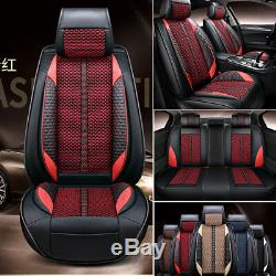 5-Seat Deluxe PU Leather &Ice Silk Black with Red Front+Rear Car Seat Covers Mat
