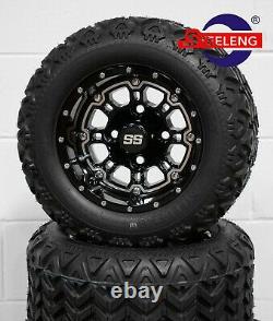 GOLF CART 10 BLACK PANTHER WHEELS/RIMS and 18x9-10 DOT ALL TERRAIN TIRES (4)