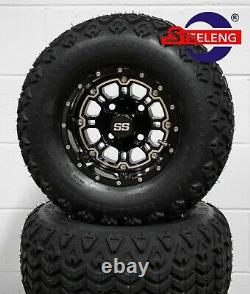 GOLF CART 10 BLACK PANTHER WHEELS/RIMS and 20x10-10 ALL TERRAIN DOT TIRES (4)