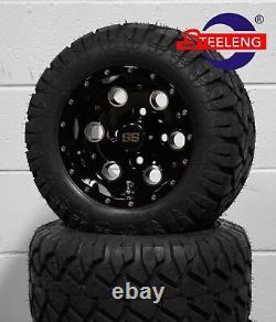 GOLF CART 10 BLACK PIONEER WHEELS/RIMS and 18x9-10 DOT STINGER A/T TIRES