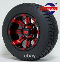 GOLF CART 10 RED-BLACK TEMPEST WHEELS and 205/50-10 DOT LOW PROFILE TIRES(4)
