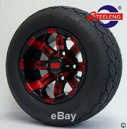 GOLF CART 10 RED/BLACK TEMPEST WHEELS and GECKO 18 205/50-10 LOW PROFILE TIRES