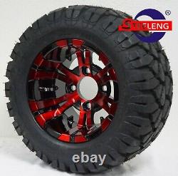 GOLF CART 10 RED/BLACK VAMPIRE WHEELS/RIMS and 18x9-10 DOT STINGER A/T TIRES