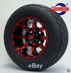 GOLF CART 10 RED/BLACK VORTEX WHEELS/RIMS and GECKO 18 LOW PROFILE TIRES