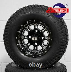 GOLF CART 10x7 BLACK PANTHER WHEELS/RIMS and 20 STREET/TURF TIRES (SET OF 4)