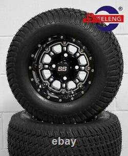 GOLF CART 10x7 BLACK PANTHER WHEELS/RIMS and 20 STREET/TURF TIRES (SET OF 4)