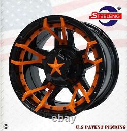 GOLF CART 12 BLACK'REBEL' ALUMINUM WHEELS / RIMS witht ORANGE SPLIT-SPOKE