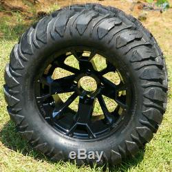 GOLF CART 12 BLACKJACK GLOSS BLACK WHEELS & 22x11-12 CRAWLER MUD TIRES