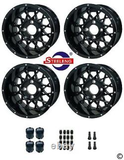 GOLF CART 14x7'VENOM' BLACK ALUMINUM OFFSET WHEELS / RIMS (SET OF 4)