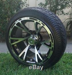 Golf Cart Wheels and Tires DOT 205/30-14 on 14 Twist Black Machine Face EZGO
