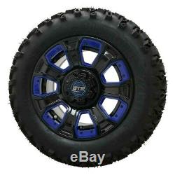 Set Of 4 Golf Cart 12 GTW Black and Blue Wheels On All Terrain DOT Tires