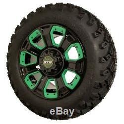 Set Of 4 Golf Cart 12 GTW Black and Green Wheels On All Terrain DOT Tires