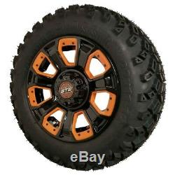 Set Of 4 Golf Cart 12 GTW Black and Orange Wheels On All Terrain DOT Tires