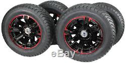 (Set of 4) 215/50-12 Glossy BLACK/RED Aluminum Golf Tire Wheel Assemblies