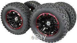 (Set of 4) 23X10.50-12 Glossy BLACK/RED Aluminum Golf Tire Wheel Assemblies