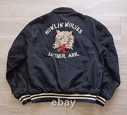 Vtg 50s Repro CAR CLUB Jacket HOWLIN' WOLVES Black Corduroy Style Eyes Sz 40 M/L