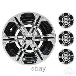 Wheel Cover, 8, Fits Club Car, EZGO, Yamaha, Daytona Chrome/Black, Set of 4, RHOX